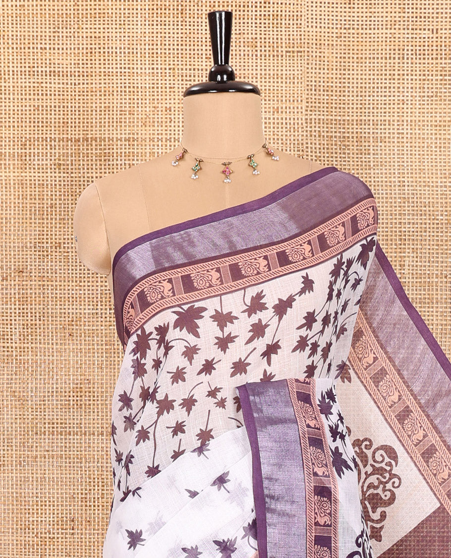 White and Wine Linen Cotton Saree Featuring Field Maple Leaf Motifs Printed All Over the Body, Complemented by a Contrast Zari and Peacock-Printed Border, Pallu of Geometric Print, and Paired with a Contrast Checked Blouse