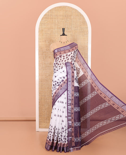 White and Wine Linen Cotton Saree Featuring Field Maple Leaf Motifs Printed All Over the Body, Complemented by a Contrast Zari and Peacock-Printed Border, Pallu of Geometric Print, and Paired with a Contrast Checked Blouse