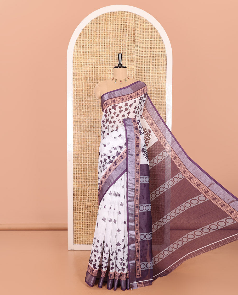 White and Wine Linen Cotton Saree Featuring Field Maple Leaf Motifs Printed All Over the Body, Complemented by a Contrast Zari and Peacock-Printed Border, Pallu of Geometric Print, and Paired with a Contrast Checked Blouse