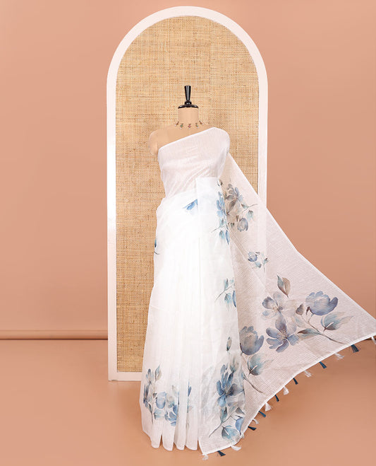 Borderless Off-White and Blue-Shaded Green Silk Saree Elevated with Floral Motifs Digital Print All Over Its Body, Elegantly Floral Printed Pallu, and Paired with a Floral Motifs Printed Blouse