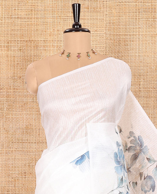 Borderless Off-White and Blue-Shaded Green Silk Saree Elevated with Floral Motifs Digital Print All Over Its Body, Elegantly Floral Printed Pallu, and Paired with a Floral Motifs Printed Blouse