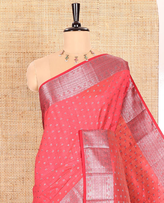 Pink Semi Tussar Saree Adorned with Zari Buttas All Over the Body, a Hazily Woven Border of Traditional Designs, Pallu Steeped with Zari Buttas and Zari Stripes, and Paired with a Matching Blouse