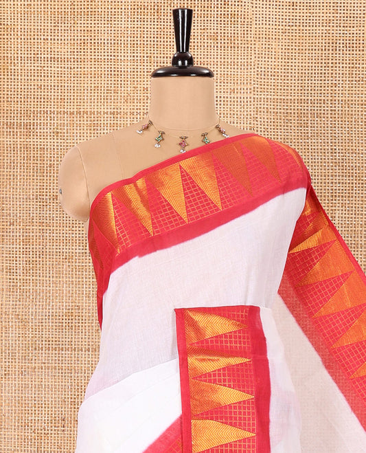 Off-White and Red Plain Sungudi Cotton Saree Adorned with a Contrast Border of Temple and Zari Checks Designs, Subtly Zari Striped Pallu, and Paired with a Contrast Blouse