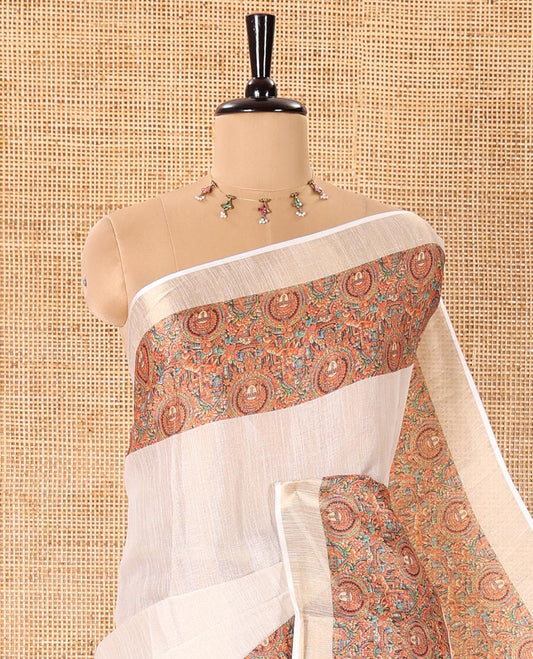 Cream Plain Tissue Saree Adorned with Contrasting Kaleidoscopic-colored Painting-Style Figurines Printed Border, Painting-Style Printed Pallu, and a Contrast Plain Blouse