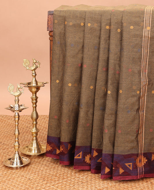 Green thread buttas bengal cotton saree with resham border & chit pallu along with  linen digital shafread blouse