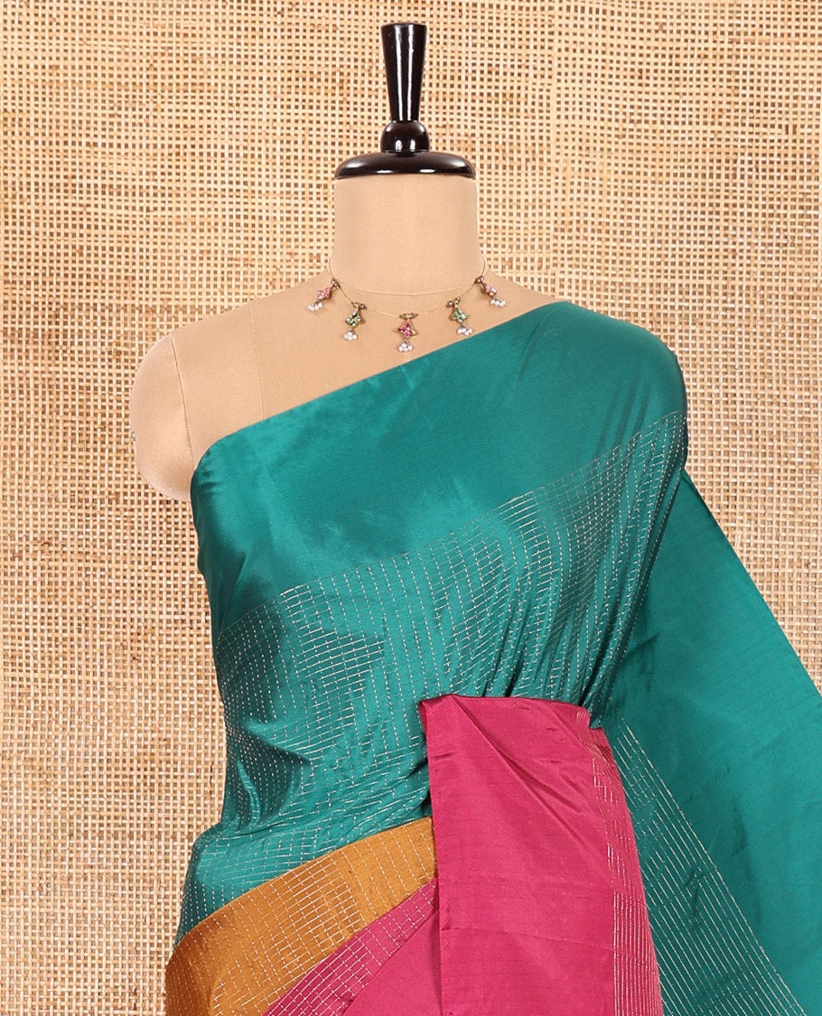 Borderless Green, Mustard, and Magenta Trio-Colored Kanchi Soft Silk Saree Gleamed Up with Micro-Checks on Its Body, Self-Pallu of Stripes, and Paired with a Matching Blouse
