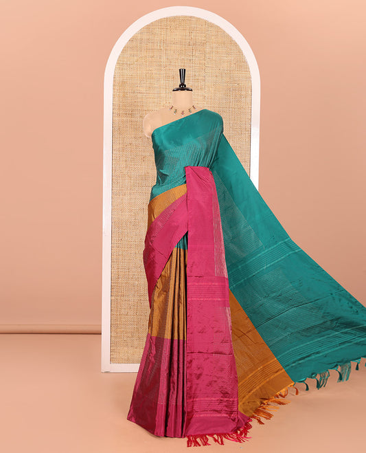 Borderless Green, Mustard, and Magenta Trio-Colored Kanchi Soft Silk Saree Gleamed Up with Micro-Checks on Its Body, Self-Pallu of Stripes, and Paired with a Matching Blouse