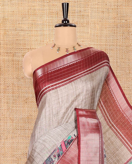 Grey and Maroon Dola Silk Saree Subtly Designed with Checks and Elephant Motifs Print, Complemented by a Contrast Traditional Zari Design Border, Pallu Depicting Elephant Motifs Print, and Paired with a Contrast Blouse