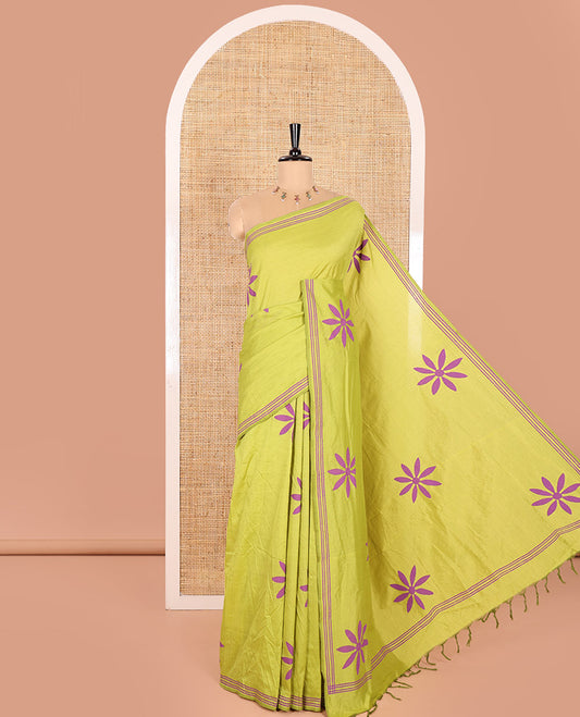 Parrot Green South Cotton Saree, Beautified with Multi-Petal Flower Motifs Printed All Over Its Body, Subtly Striped Border, and Comes with One Matching Blouse, and One Contrast Block Printed Blouse