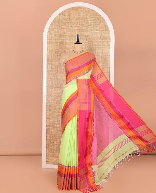 Green Plain Khadi Mul Cotton Saree, Complemented by a Contrast Thread-Woven Border of Geometric Patterns, Contrast Plain Pallu, and Paired with a Matching Blouse