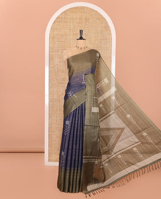 Navy Blue Tissue Saree, Prettified with Horizontal Stripes and Unique Motifs Printed All Over Its Body, Complemented by Contrast Printed Border, Pallu Depicts Geometric Patterns, and Paired with a Contrast Geometric Printed Blouse