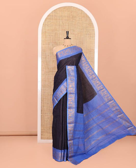 Blue and Royal Blue Sungudi Cotton Saree, Subtly Sparkled with Checks on Its Body, Complemented by a Contrast Temple Border of Peacock Motifs, Pallu Steeped with Stripes, and Paired with a Contrast Blouse