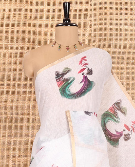 White Linen Cotton Saree Depicting Chinese Women Motifs Printed on Its Body, and Pallu, Subtle Piping Border, and Paired with a Matching Blouse