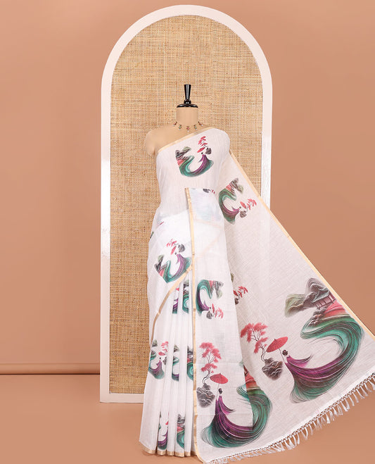 White Linen Cotton Saree Depicting Chinese Women Motifs Printed on Its Body, and Pallu, Subtle Piping Border, and Paired with a Matching Blouse