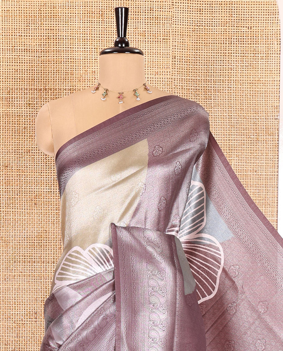 Purple and Sandal Tissue Saree, Highlighted by Jacquard Design and Floral Printed on Its Body, Complemented by Contrast Traditional Motifs Print, Pallu Steeped with Floral Motifs, and Paired with a Contrast Blouse
