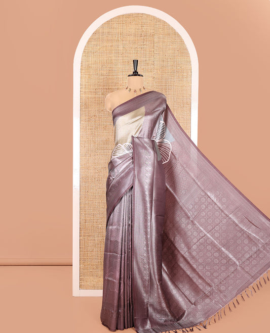 Purple and Sandal Tissue Saree, Highlighted by Jacquard Design and Floral Printed on Its Body, Complemented by Contrast Traditional Motifs Print, Pallu Steeped with Floral Motifs, and Paired with a Contrast Blouse