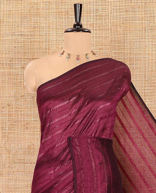 Borderless Purple Vichitra Silk Saree, Adorned with Horizontal Stripes and Sequin Stripes, Paired with a Matching Blouse