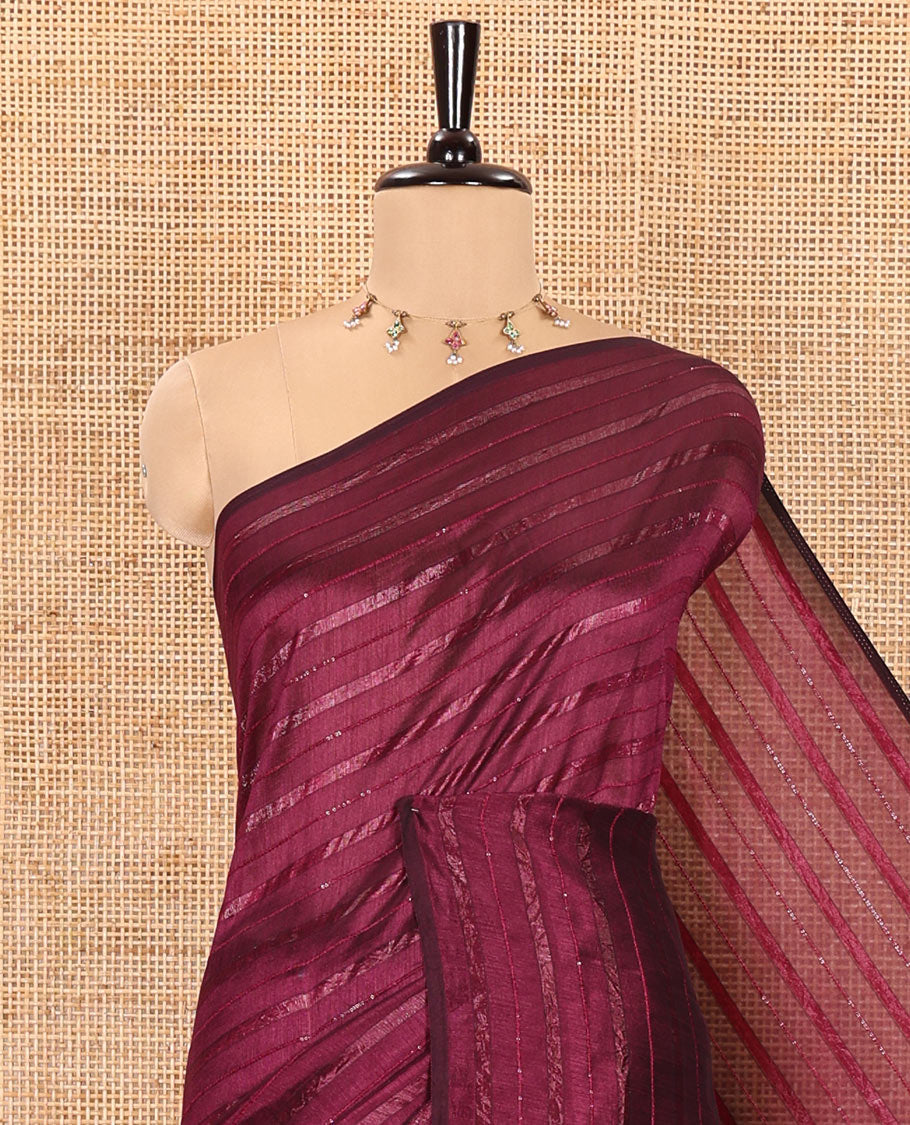 Borderless Purple Vichitra Silk Saree, Adorned with Horizontal Stripes and Sequin Stripes, Paired with a Matching Blouse