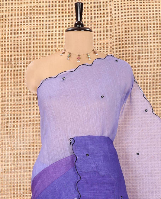 Lavender-Violet Linen Cotton Saree, Beautified with Ombre-Style Dyed with Mirror Work Across Its Body, Subtly Sparkled Scallop Thread Border, Pallu Steeped with Stripes and Mirror Work, and Paired with a Contrast Vertical Stripes Printed Blouse