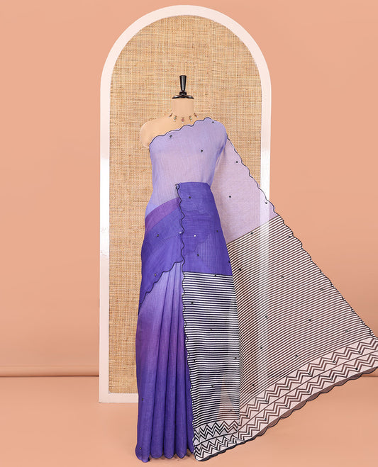 Lavender-Violet Linen Cotton Saree, Beautified with Ombre-Style Dyed with Mirror Work Across Its Body, Subtly Sparkled Scallop Thread Border, Pallu Steeped with Stripes and Mirror Work, and Paired with a Contrast Vertical Stripes Printed Blouse
