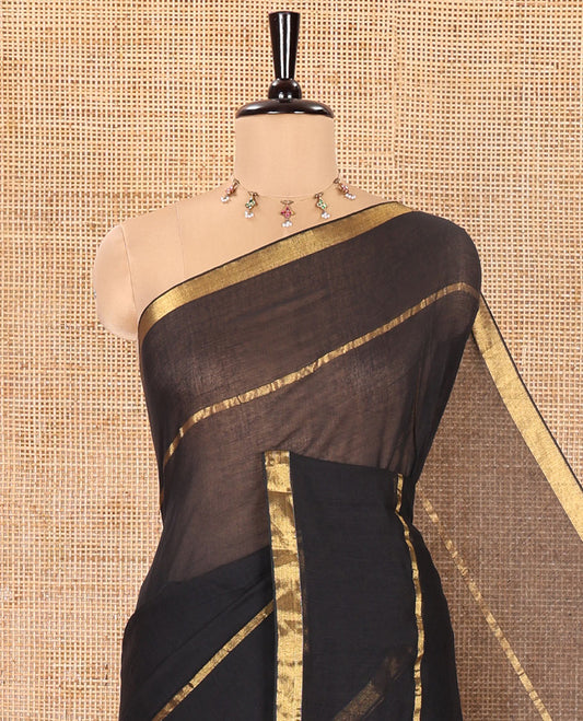 Black Plain Khadi Mul Cotton Saree, Subtly Sparkled with Zari Border, Self-Pallu, and Paired with a Matching Blouse