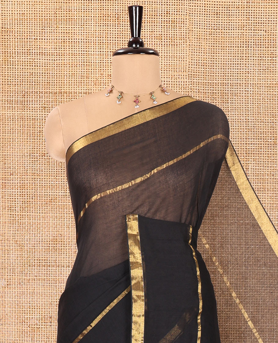Black Plain Khadi Mul Cotton Saree, Subtly Sparkled with Zari Border, Self-Pallu, and Paired with a Matching Blouse