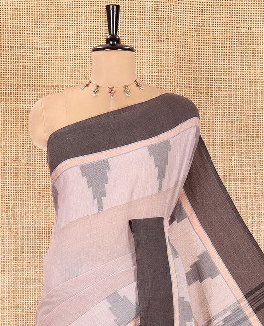 Light Brown Plain Khadi Mul Cotton Saree, Complemented by a Contrast Temple Border, Textured Pallu of Temple Designs, and Paired with a Matching Blouse