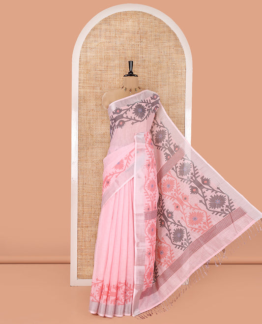 Baby Pink Plain Linen Cotton Saree, Subtly Sparkled Zari Border of Jamdani-Style Leaf-Floral Designs, Pallu Depicting Jamdani-Style Designs, and Paired with a Matching Blouse