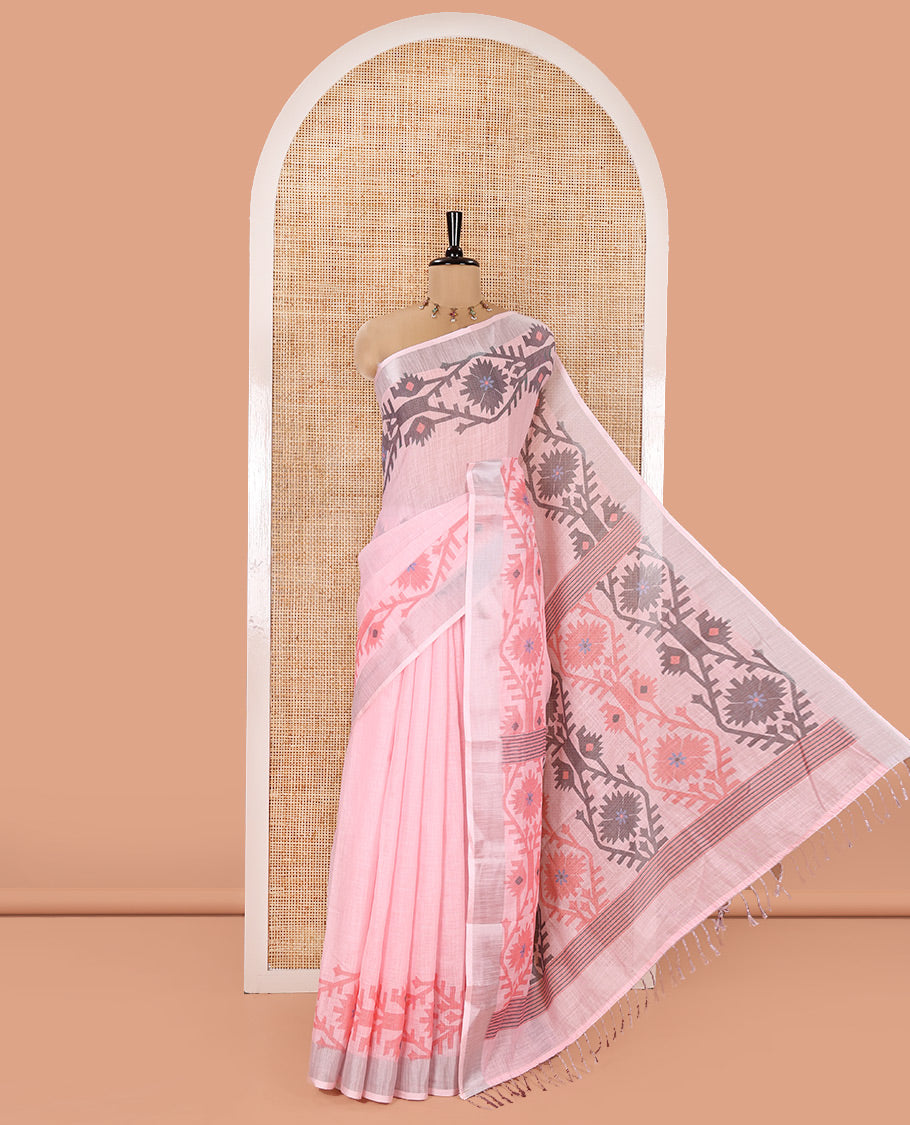 Baby Pink Plain Linen Cotton Saree, Subtly Sparkled Zari Border of Jamdani-Style Leaf-Floral Designs, Pallu Depicting Jamdani-Style Designs, and Paired with a Matching Blouse