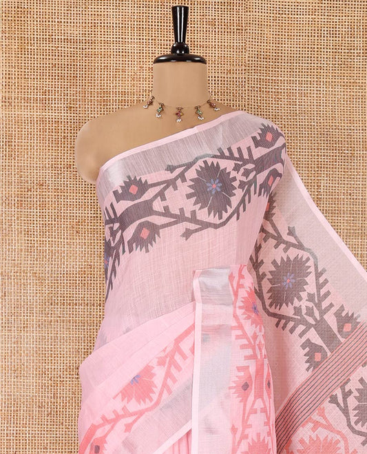 Baby Pink Plain Linen Cotton Saree, Subtly Sparkled Zari Border of Jamdani-Style Leaf-Floral Designs, Pallu Depicting Jamdani-Style Designs, and Paired with a Matching Blouse