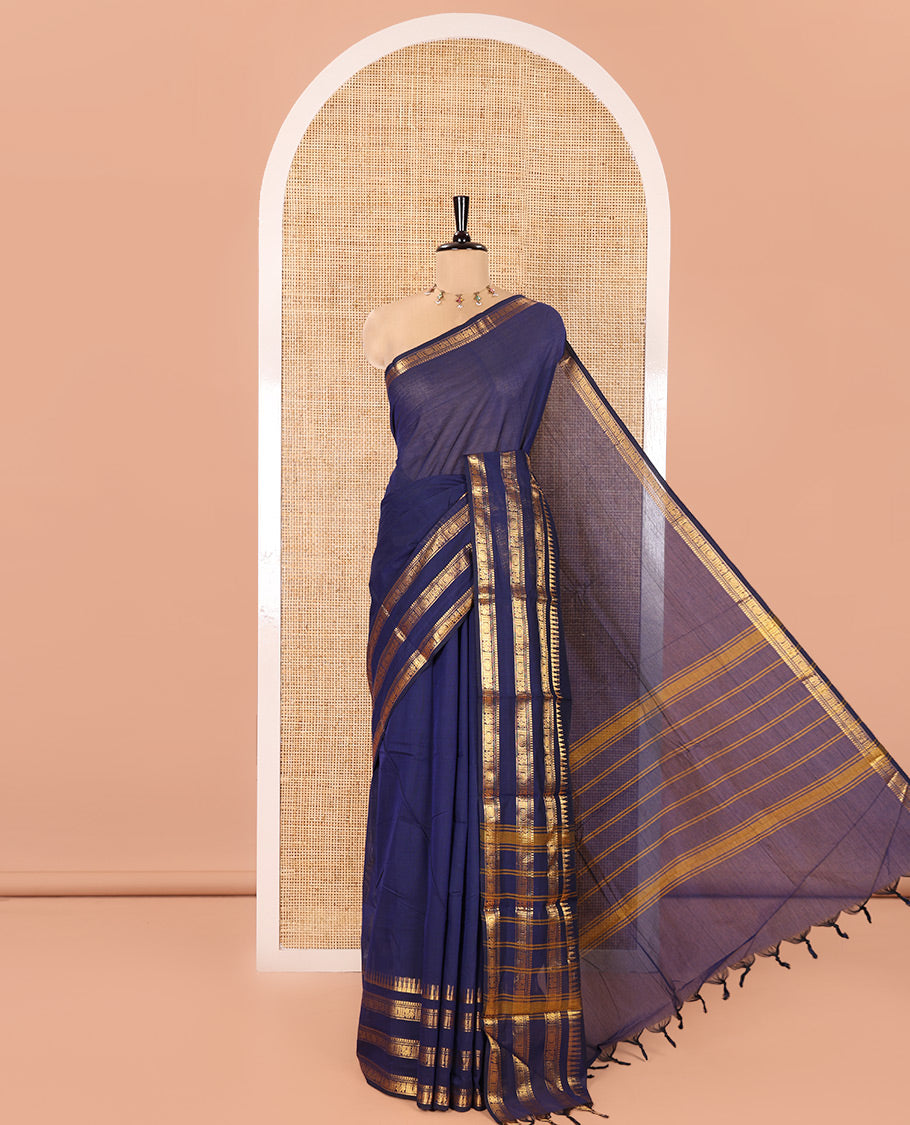 Blue Plain Chettinad Cotton Saree, Highlighted By Traditional Zari Designs Woven Border, Subtly Striped Pallu, and Paired with a Matching Blouse