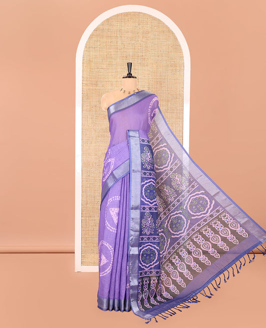 Lavender Linen Cotton Saree, Elevated with Shibori Printed on Its Body, Complemented by a Contrast Bavanji Zari Border, Handblock Printed Pallu, and Paired with a Contrast Blouse