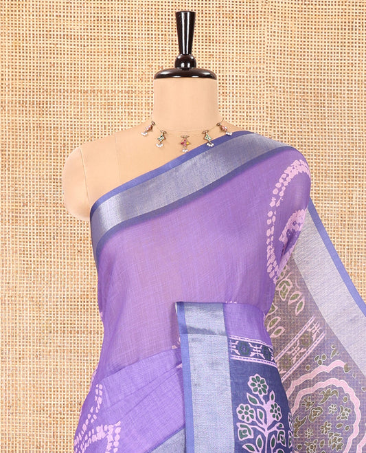 Lavender Linen Cotton Saree, Elevated with Shibori Printed on Its Body, Complemented by a Contrast Bavanji Zari Border, Handblock Printed Pallu, and Paired with a Contrast Blouse