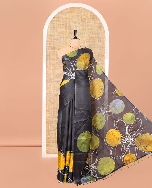 Borderless Black and Green Khadi Cotton Saree, Elevated with Big Circles Motifs, Floral Motifs, and Batik Print on Its Body, Self-Printed Pallu, and Paired with a Matching Printed Blouse