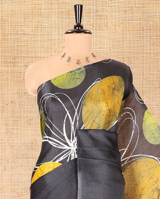 Borderless Black and Green Khadi Cotton Saree, Elevated with Big Circles Motifs, Floral Motifs, and Batik Print on Its Body, Self-Printed Pallu, and Paired with a Matching Printed Blouse