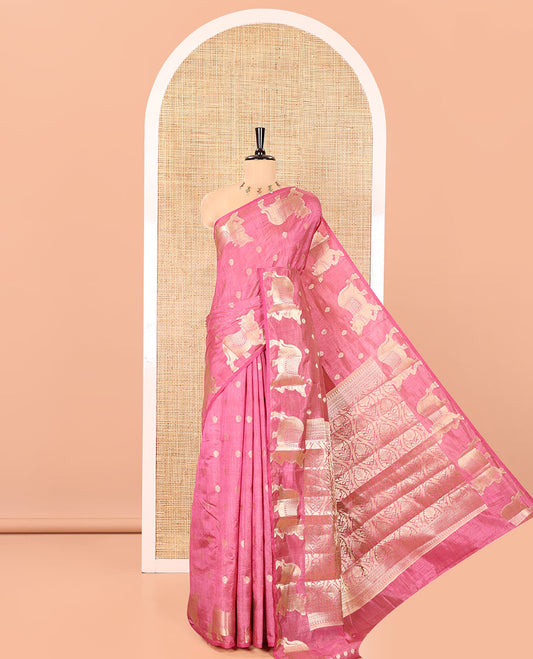 Onion Pink Art Tussar Saree, Embellished with Gold Zari Buttas All Over Its Body, Highlighted by a Zari Border of Pichwai Cow Motifs, Grandly Woven Pallu, and Paired with a Matching Blouse