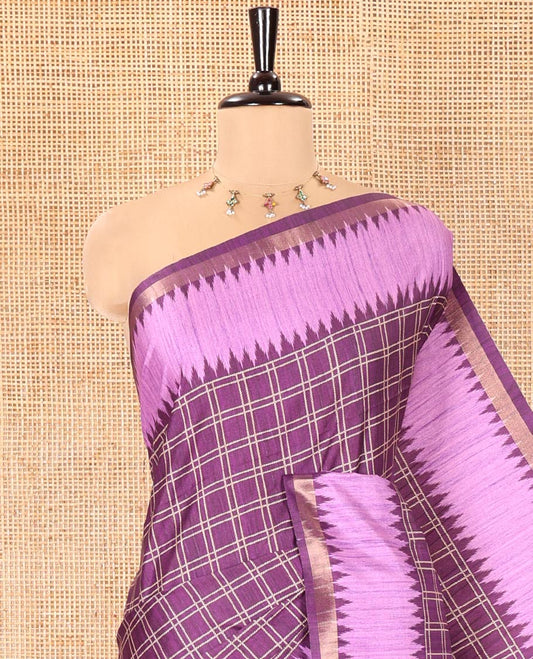 Purple Katan Silk Saree, Detailed with Checked Design Print All Over Its Body, Complemented by Contrast Temple Border, Heathered Pallu, and Paired with a Contrast Blouse
