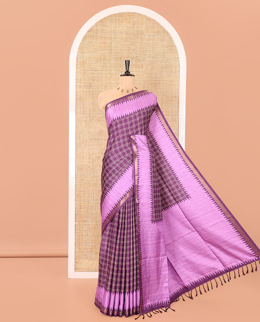 Purple Katan Silk Saree, Detailed with Checked Design Print All Over Its Body, Complemented by Contrast Temple Border, Heathered Pallu, and Paired with a Contrast Blouse