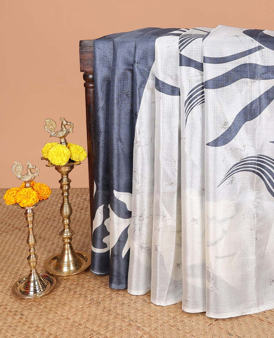 Grey with cream geometrical design khadhi silk saree with self border & geometrical design pallu along with contrast blouse
