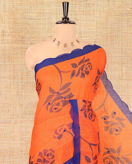 Orange Linen Cotton Saree, Graced with Floral Print and Mirror Work on Its Body, Complemented by Contrast Scallop Border, Pallu of Print and Mirror Work, and Paired with a Matching Blouse