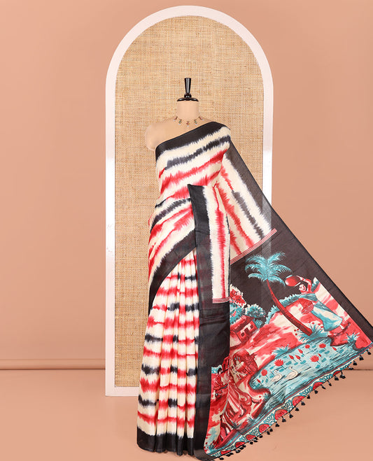 Cream and Black Khadi Cotton Saree, Elevated with Shibori Print On Its Body, Complemented by Contrast Plain Border, Plain Artfully Pictures Village-theme Scenery Print, and Paired with a Contrast Blouse
