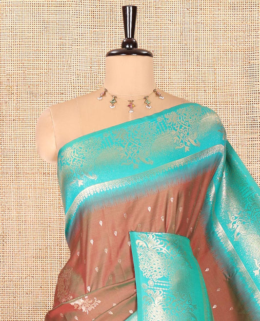 Mehendi Green Elite Soft Silk Saree, Detailed with Zari Buttas on Its Body, Complemented by a Contrast Peacock-Floral Zari Blouse, Intricately Designed Pallu, and Paired with a Contrast Blouse
