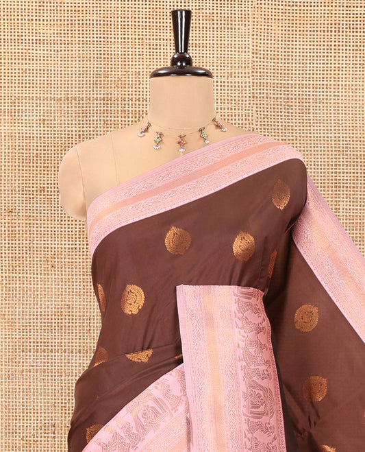 Brown-Pink Kanchi Silk Saree, Elevated with Zari Buttas All Over Its Body, Complemented by Contrast Traditional Zari Border of Wedding Theme Motifs, Grand Pallu and Paired with a Contrast Blouse