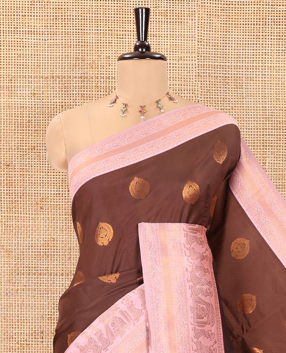Brown-Pink Kanchi Silk Saree, Elevated with Zari Buttas All Over Its Body, Complemented by Contrast Traditional Zari Border of Wedding Theme Motifs, Grand Pallu and Paired with a Contrast Blouse