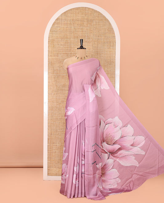 Borderless Onion Pink Satin Crepe Saree, Prettified with Lotus Flower Print On Its Body, Pallu Features Lotus Print, and Paired with a Printed Blouse