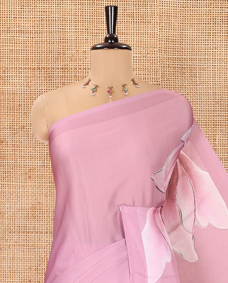Borderless Onion Pink Satin Crepe Saree, Prettified with Lotus Flower Print On Its Body, Pallu Features Lotus Print, and Paired with a Printed Blouse