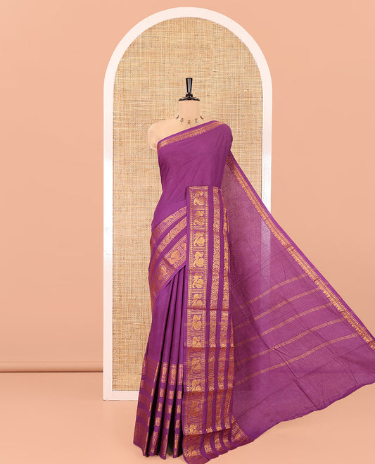 Violet Plain Sungudi Cotton Saree, Highlighted by Traditional Zari Border of Peacock and Floral Creeper Designs, Subtly Striped Pallu, and Paired with a Contrast Blouse