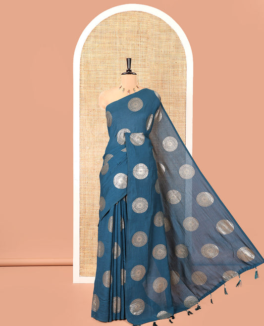 Borderless Blue Vichitra Saree Features Rangoli-Style Round Buttas Foil Print and a Contrast Sequins Embroidered Blouse