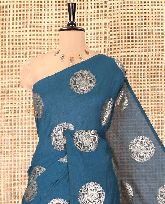Borderless Blue Vichitra Saree Features Rangoli-Style Round Buttas Foil Print and a Contrast Sequins Embroidered Blouse