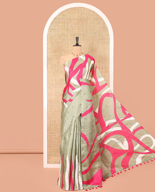 Borderless Apple Green Khadi Cotton Saree, Adorned with Batik-Style Vines Print, a Subtle Pallu, and a Matching Blouse